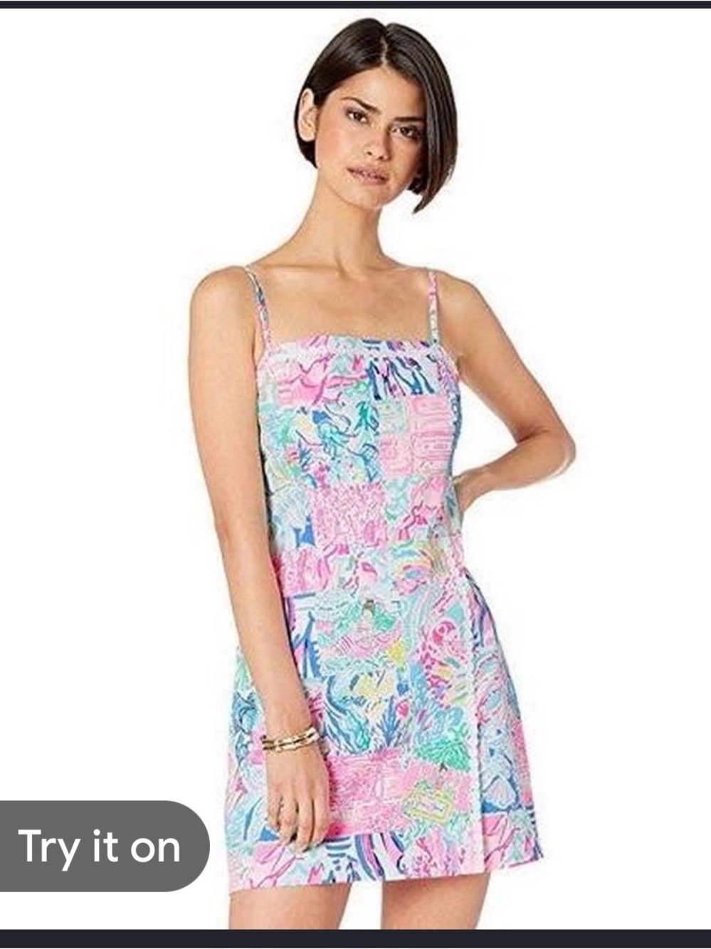Square-Neck Printed Swim Cover-Up Dress in Pastel Pink